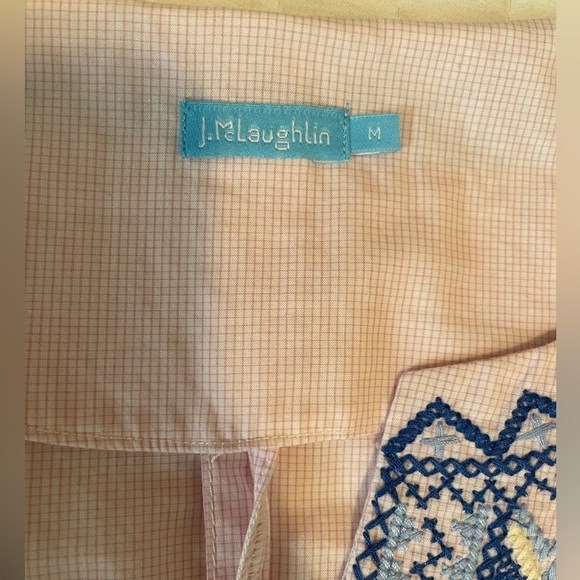 J. McLaughlin Embroidered V-Neck Tunic Lightweight Check Pink Blue Sz M Preppy - Picture 6 of 15